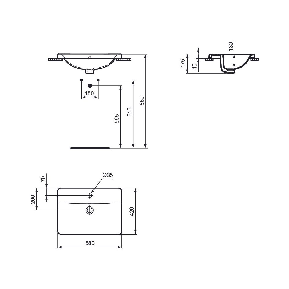 Ideal Standard Einbauwaschtisch Connect, rechteckig, 1 Hahnloch mit Überlauf 580x420x175mm... IST-E504401 5017830446835 (Abb. 2)