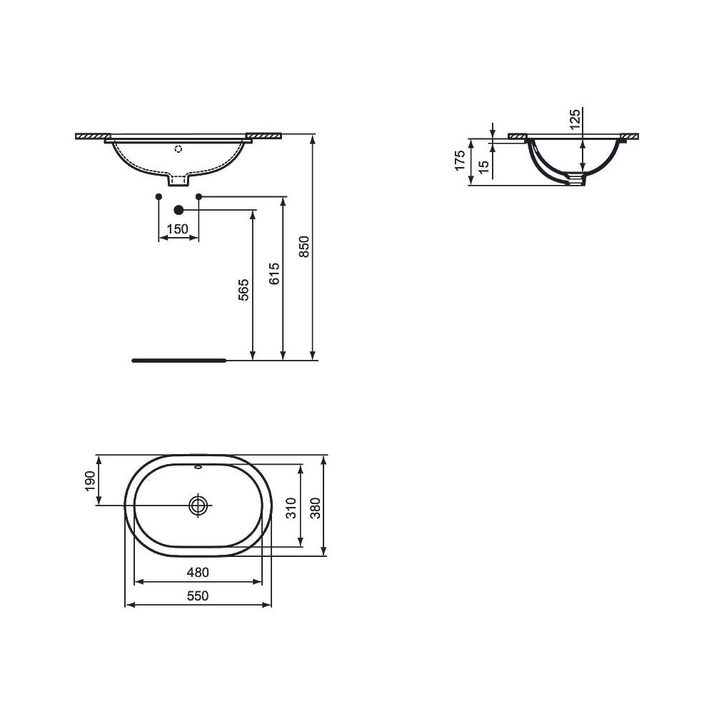 Ideal Standard Unterbauwaschtisch Connect, oval, ohne Hahnloch, mit Überlauf 550x380x175mm... IST-E504801 5017830446910 (Abb. 2)