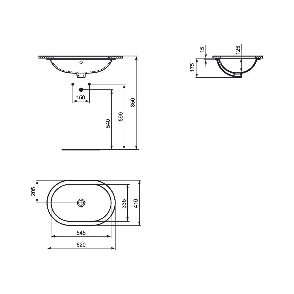 Ideal Standard Einbauwaschtisch Connect, oval, ohne Hahnloch, mit Überlauf 620x410x175mm, ... IST-E504901 5017830446934 (Abb. 2)
