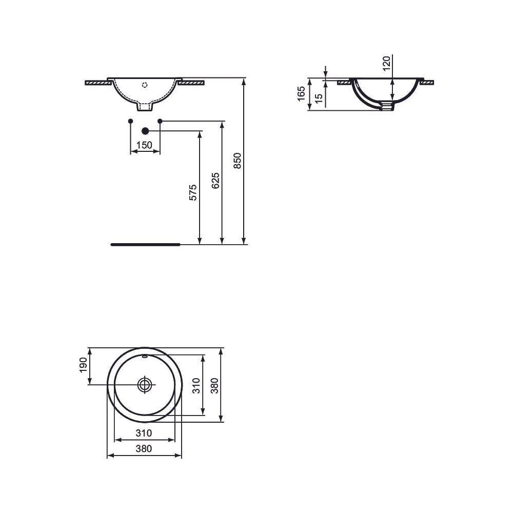 Ideal Standard Einbauwaschtisch Connect, rund, ohne Hahnloch, mit Überlauf 380x380x165mm, ... IST-E505101 5017830446972 (Abb. 2)