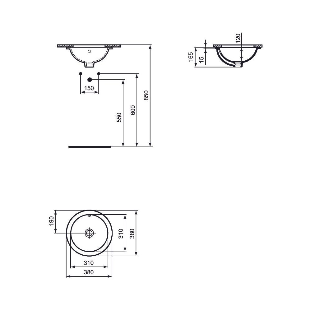 Ideal Standard Unterbauwaschtisch Connect, rund, ohne Hahnloch, mit Überlauf 380x380x165mm... IST-E5052MA 5017830447009 (Abb. 2)