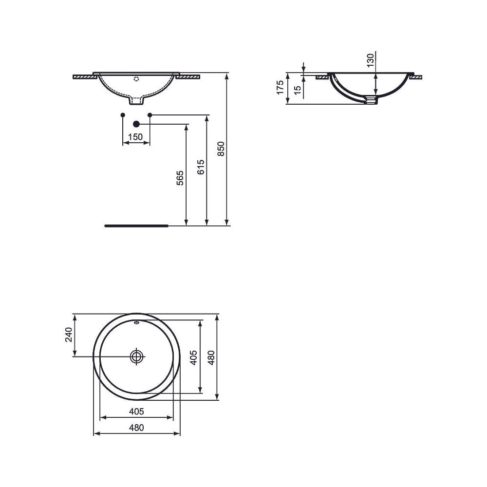 Ideal Standard Einbauwaschtisch Connect, rund, ohne Hahnloch, mit Überlauf 480x480x175mm, ... IST-E5053MA 5017830447023 (Abb. 2)
