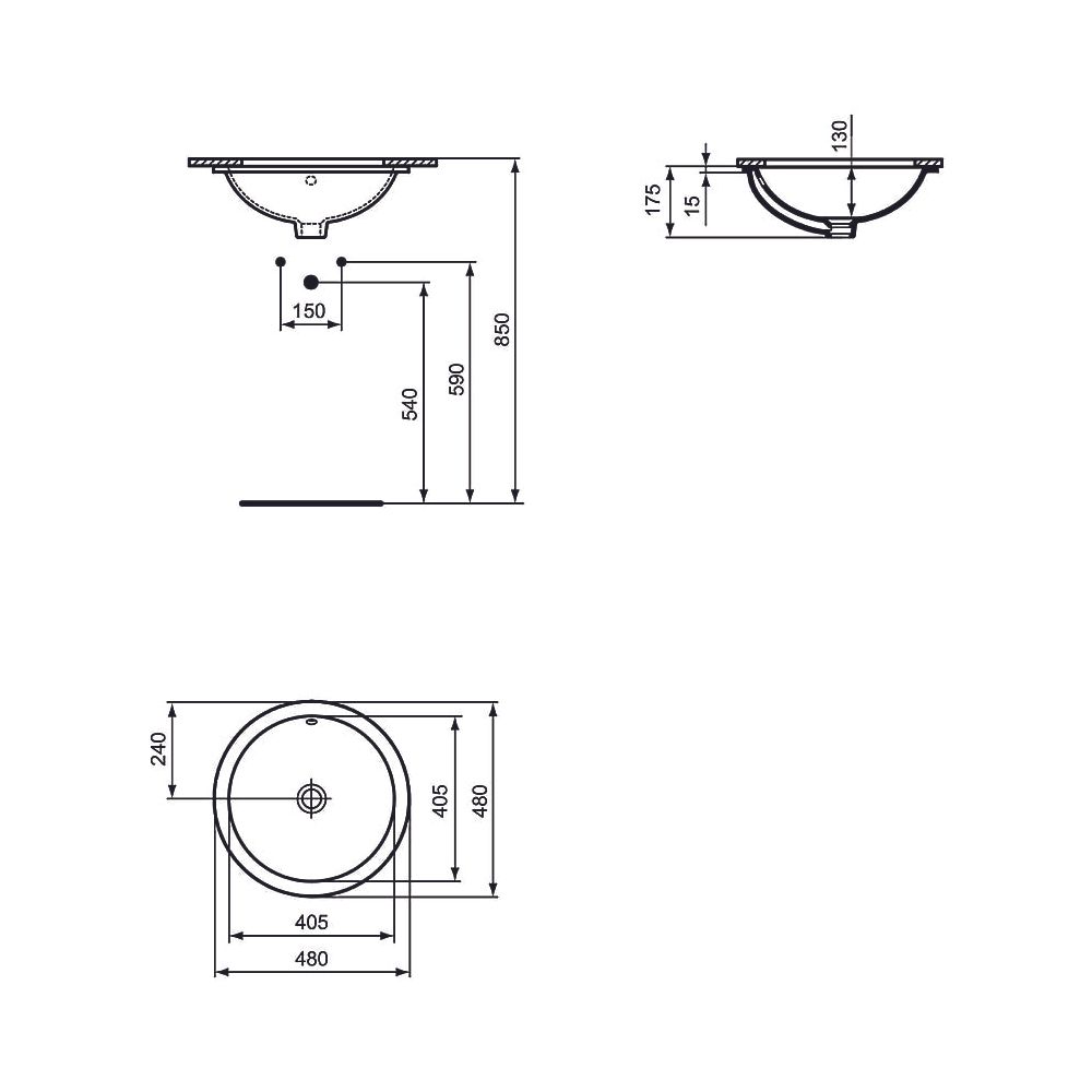 Ideal Standard Unterbauwaschtisch Connect, rund, ohne Hahnloch, mit Überlauf 480x480x175mm... IST-E5054MA 5017830447047 (Abb. 2)
