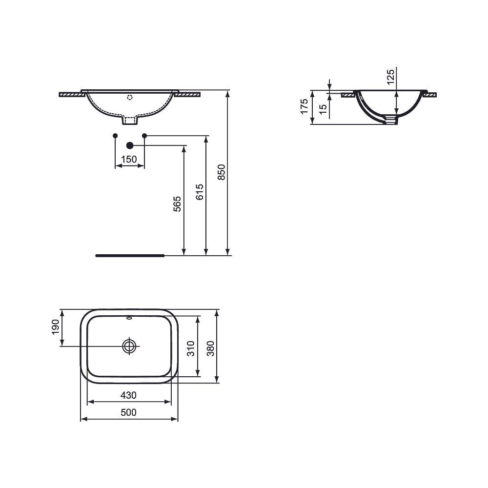 Ideal Standard Einbauwaschtisch Connect, rechteckig, ohne Hahnloch mit Überlauf 500x380x17... IST-E505701 5017830447092 (Abb. 2)