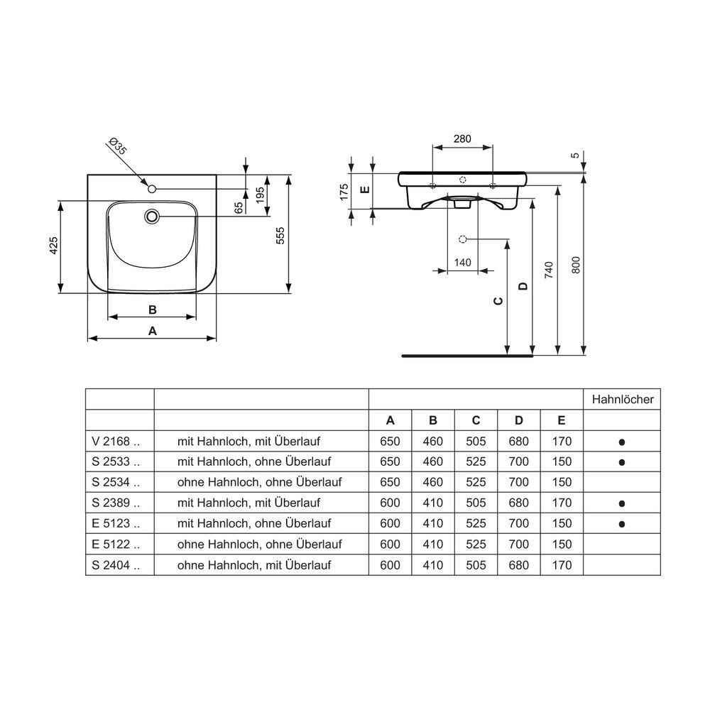 Ideal Standard Waschtisch Contour 21, ohne Hahnloch, ohne Überlauf unterfahrbar, 600x555x1... IST-E512201 5017830405504 (Abb. 2)