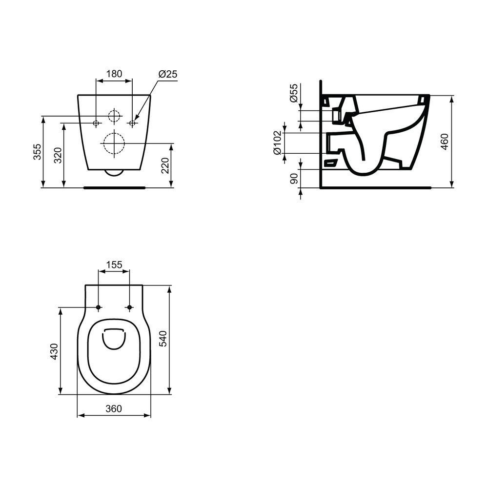 Ideal Standard Wandtiefspül-WC Connect Freedom, erhöht, 360x540x400mm, Weiß... IST-E607501 5017830451662 (Abb. 2)
