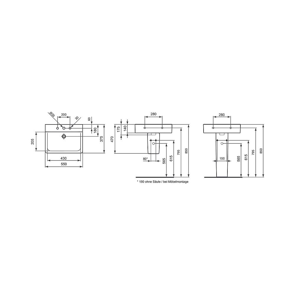 Ideal Standard Waschtisch Connect Cube, kompakt, ohne Hahnloch mit Überlauf 550x375x175mm,... IST-E719401 5017830474128 (Abb. 2)