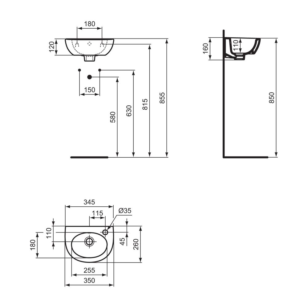 Ideal Standard Handwaschbecken Eurovit, 1 Hl.rechts, mit Überlauf 350x260x160mm, Weiß... IST-E871601 5017830440871 (Abb. 2)