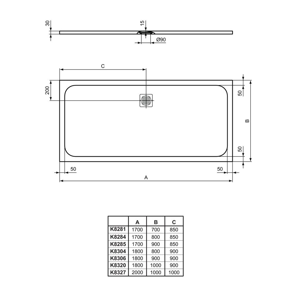 Ideal Standard Rechteck-BRW Ultra Flat S, Abl.mittig, 1700x700x30mm, Schiefer... IST-K8281FV 4015413071895 (Abb. 3)