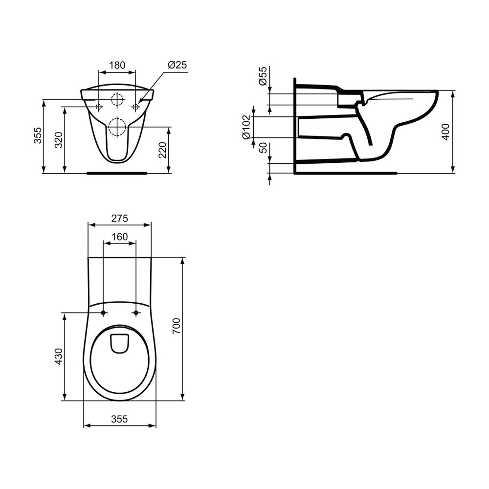 Ideal Standard Wandtiefspül-WC Contour 21, barr-frei, ohne Spülrand, 355x700x380mm, Weiß... IST-S034801 5017830534785 (Abb. 2)