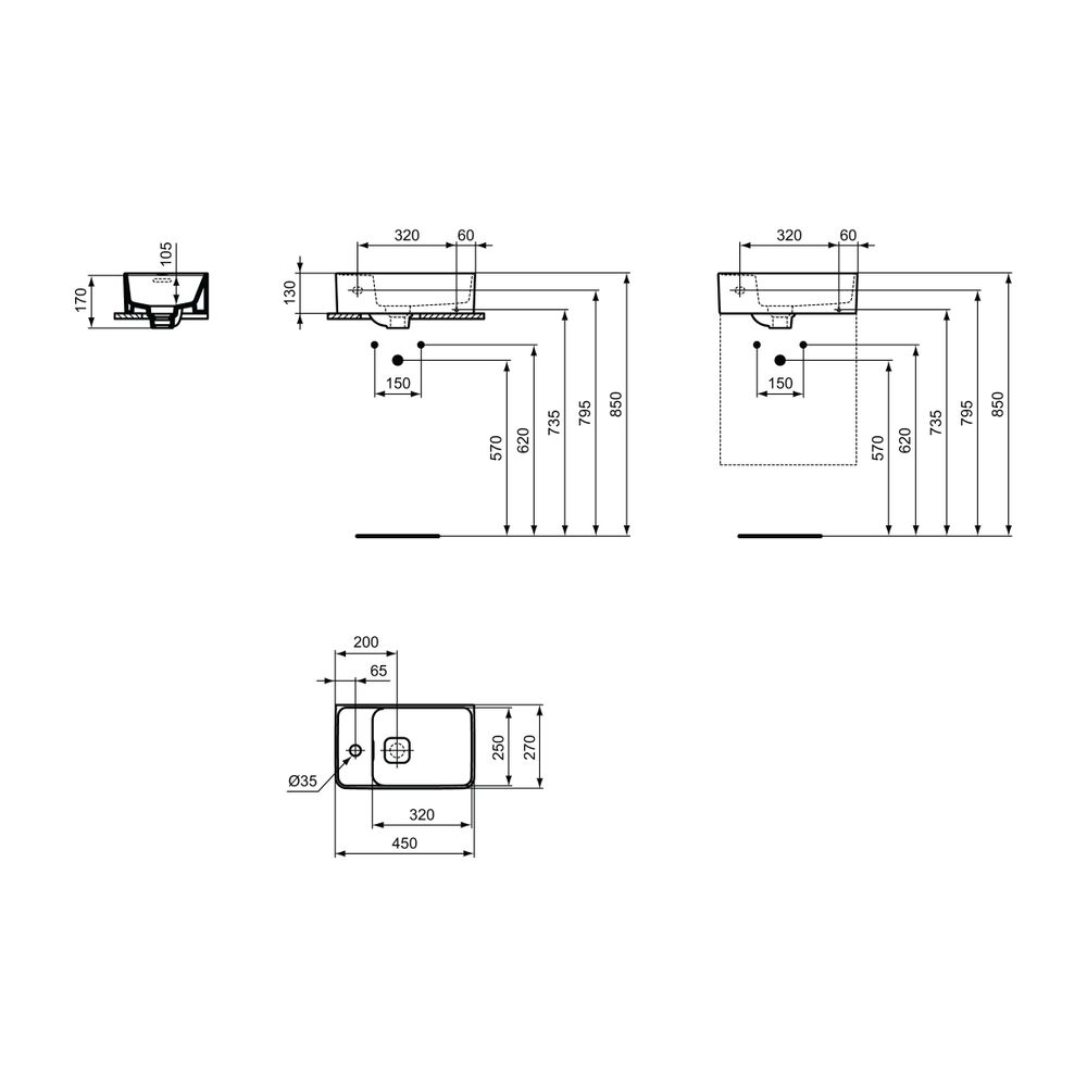 Ideal Standard Handwaschbecken Strada II, 1 Hahnloch mit Überlauf Version links, 450x270x1... IST-T299501 8014140448686 (Abb. 7)