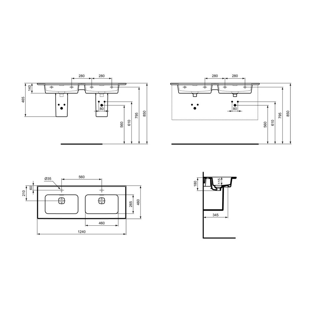 Ideal Standard Möbeldoppel-WT Strada II, je 1 Hahnloch, mit Überlauf 1240x460x180mm, Weiß... IST-T3005MA 8014140450603 (Abb. 10)