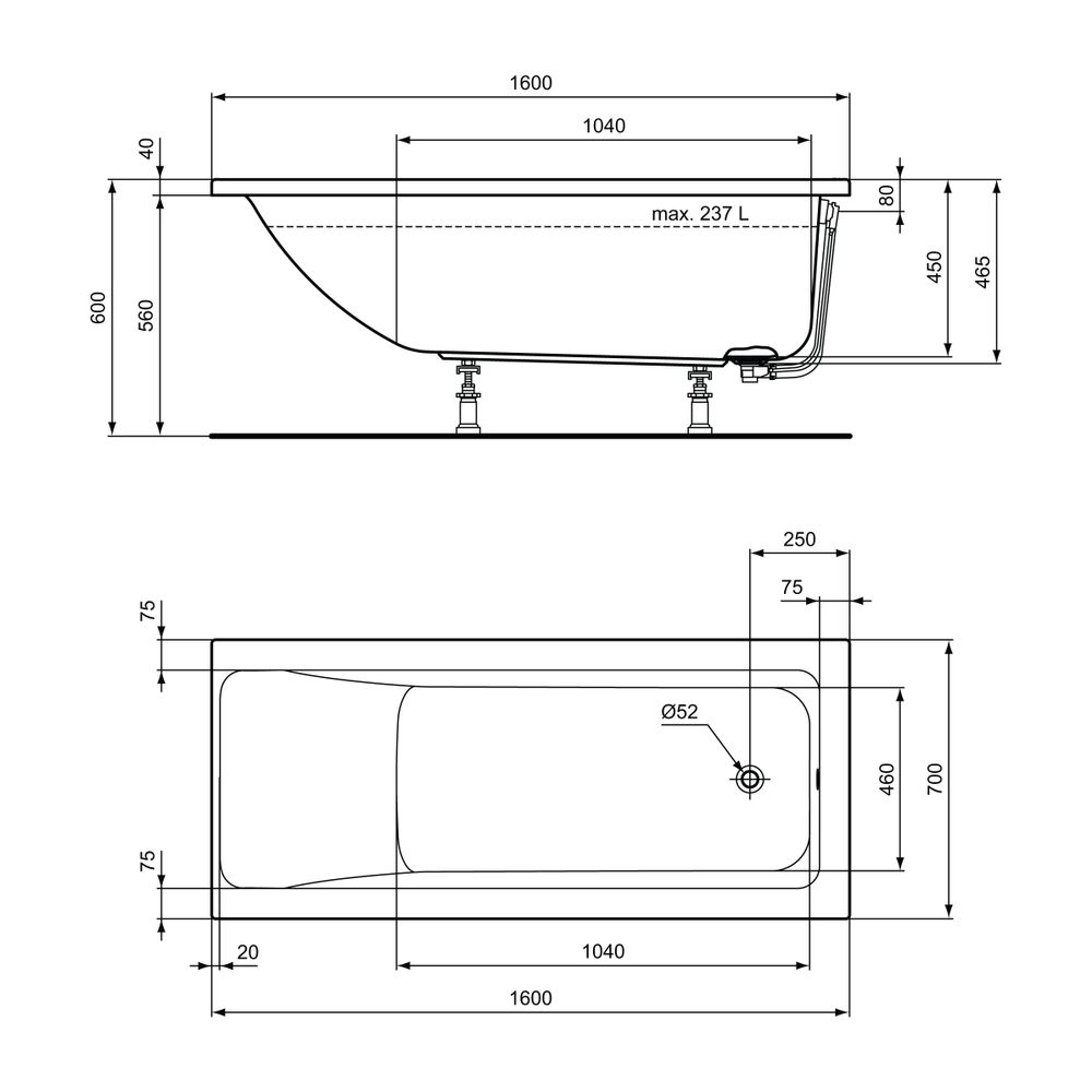 Ideal Standard Körperform-Badewanne Connect Air, 1600x700x475mm, Weiß... IST-T361501 8014140448211 (Abb. 3)