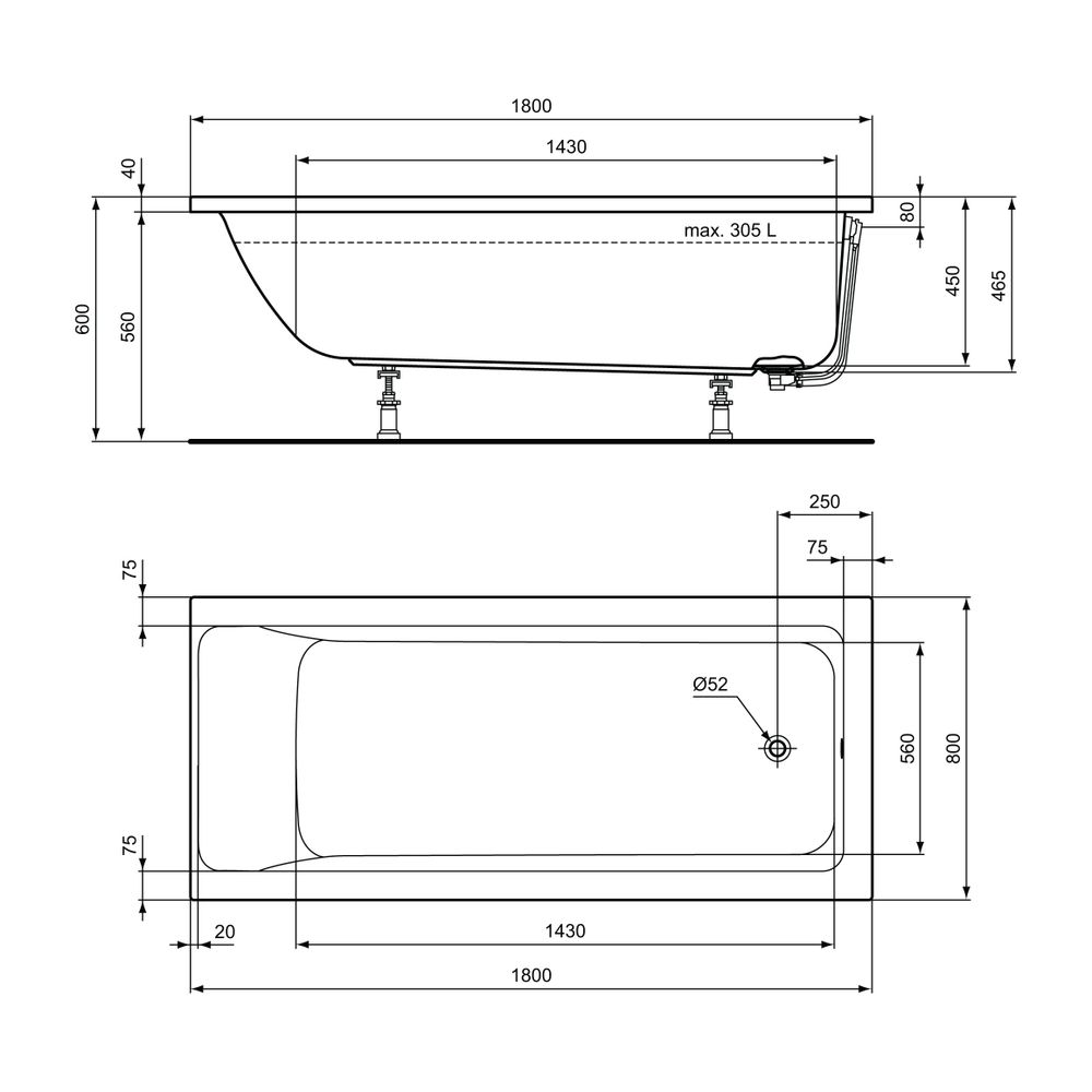 Ideal Standard Körperform-Badewanne Connect Air, 1800x800x475mm, Weiß... IST-T362201 8014140448280 (Abb. 3)