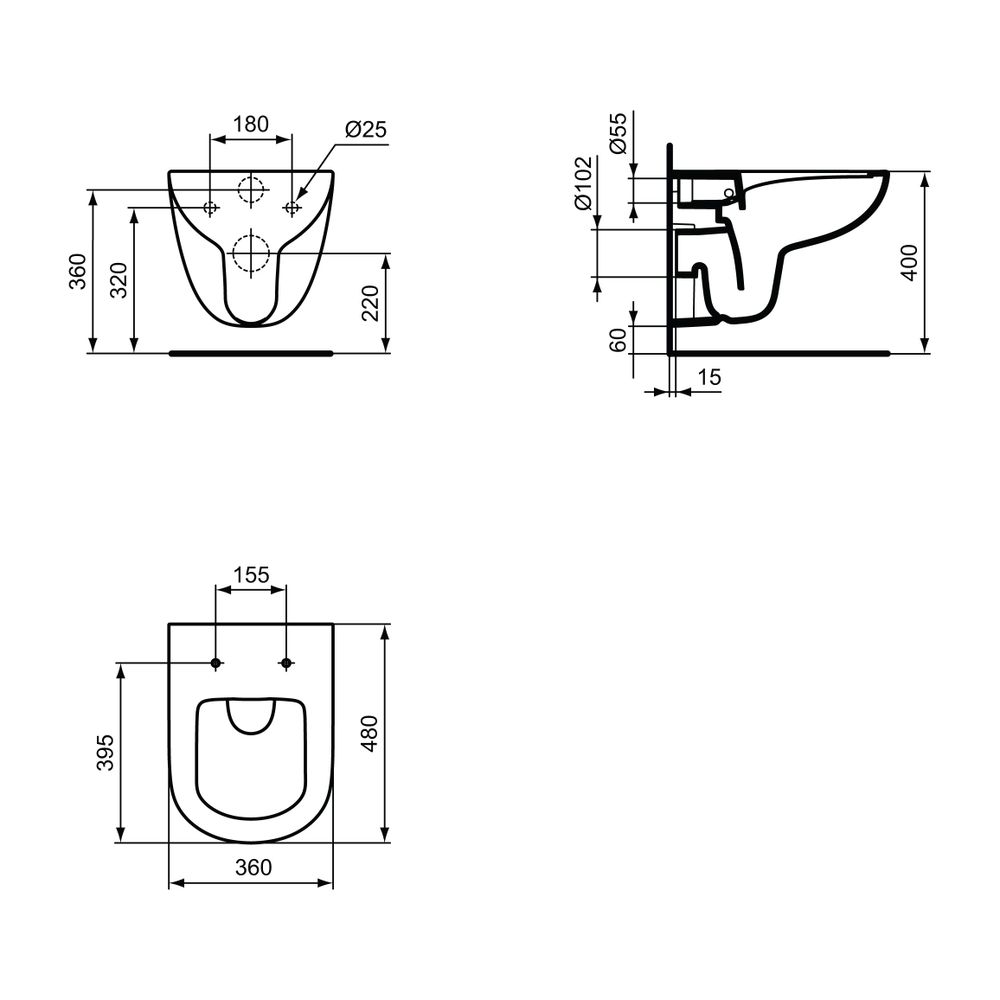 Ideal Standard Wandtiefspül-WC Eurovit+, kompakt, ohne Spülrand, 360x480x360, Weiß... IST-T385401 8014140457596 (Abb. 2)