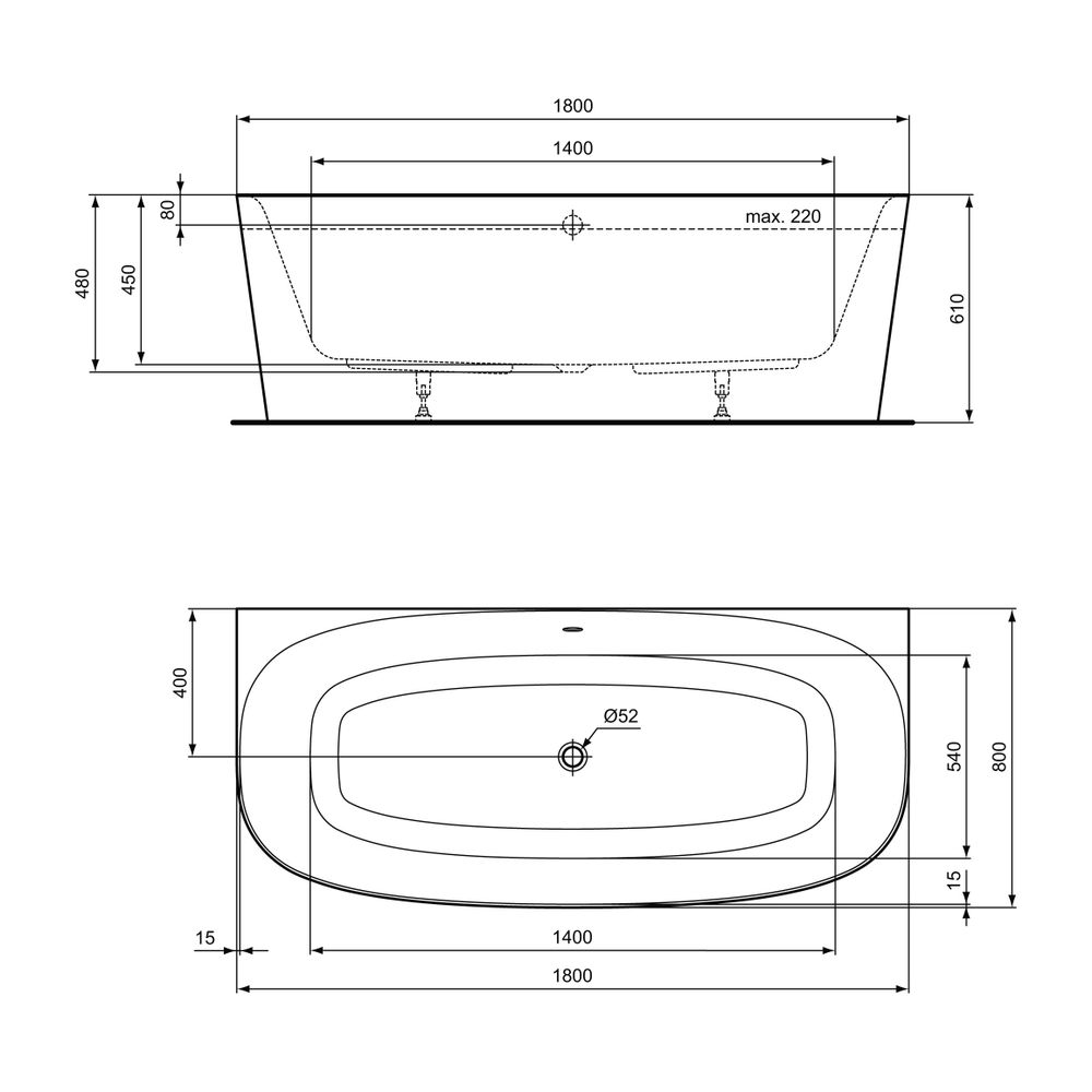 Ideal Standard Duo-Badewanne DEA, für Wandanbindung, mit Ablauf, 1800x800x475/610mm, Schwa... IST-T9940V3 8014140468370 (Abb. 7)