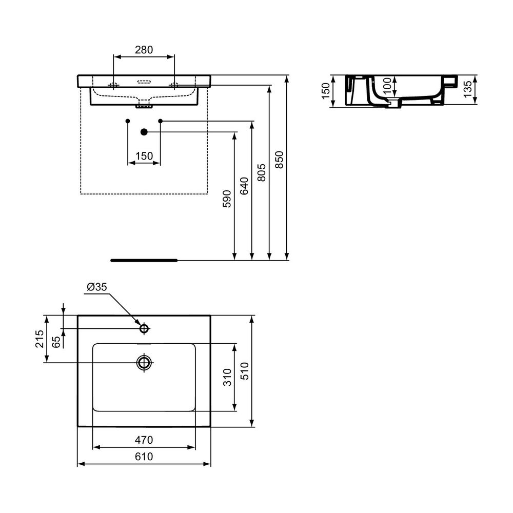 Ideal Standard Möbelwaschtisch Extra 1 Hahnloch, mit Überlauf 610x510x150mm Weiß... IST-T435801 8014140482543 (Abb. 14)