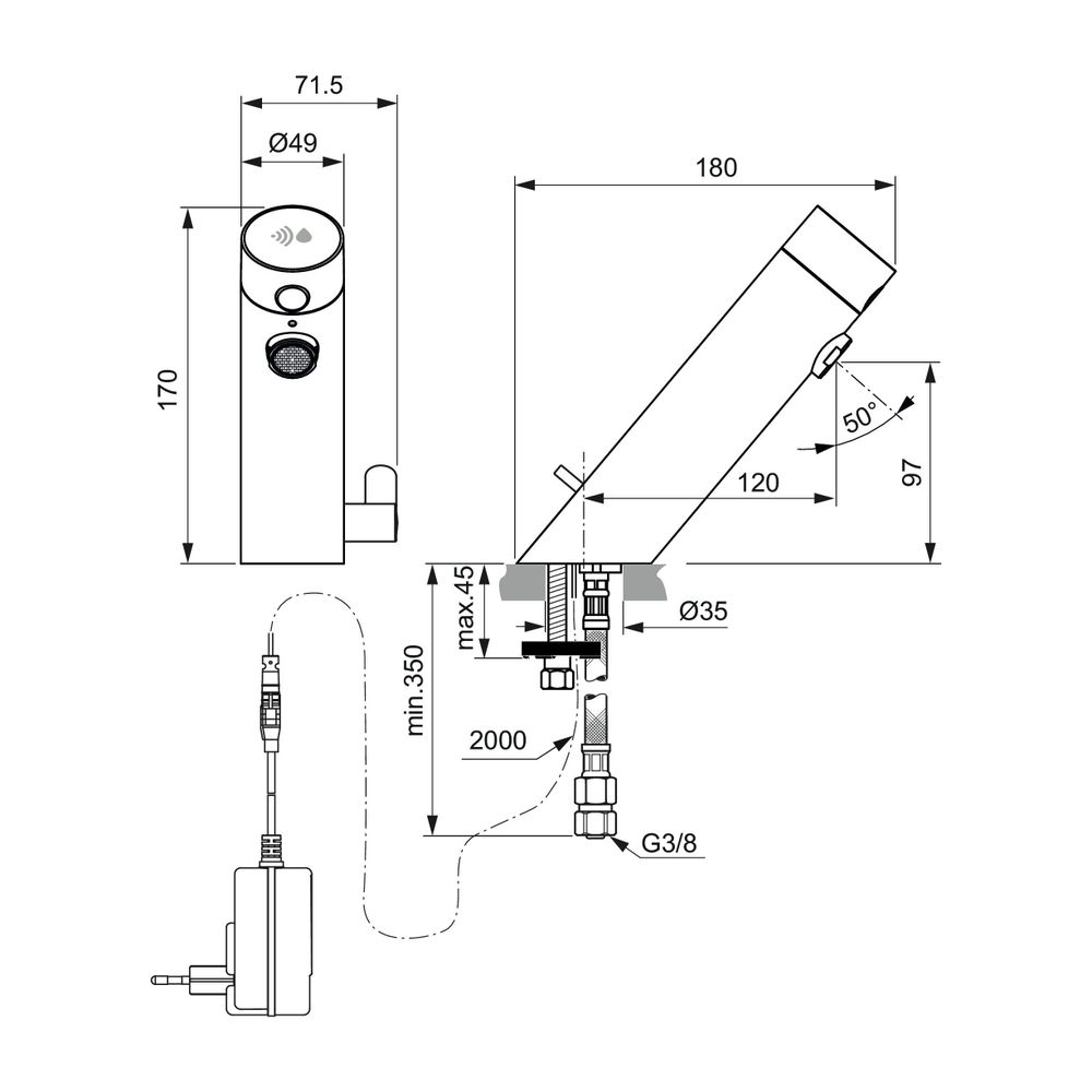 Ideal Standard Waschtischarmatur Sensorflow mit Mischung Ausld.120mm Netzteil Schwarz... IST-A7558B3 4015413352222 (Abb. 3)