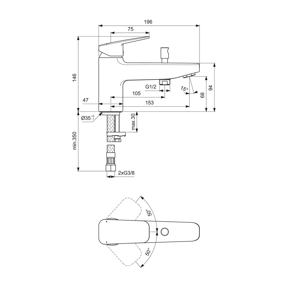 Ideal Standard Badearmatur Ceraplan für Wannenrand 47x196x146mm Chrom... IST-BD257AA 3800861103981 (Abb. 6)