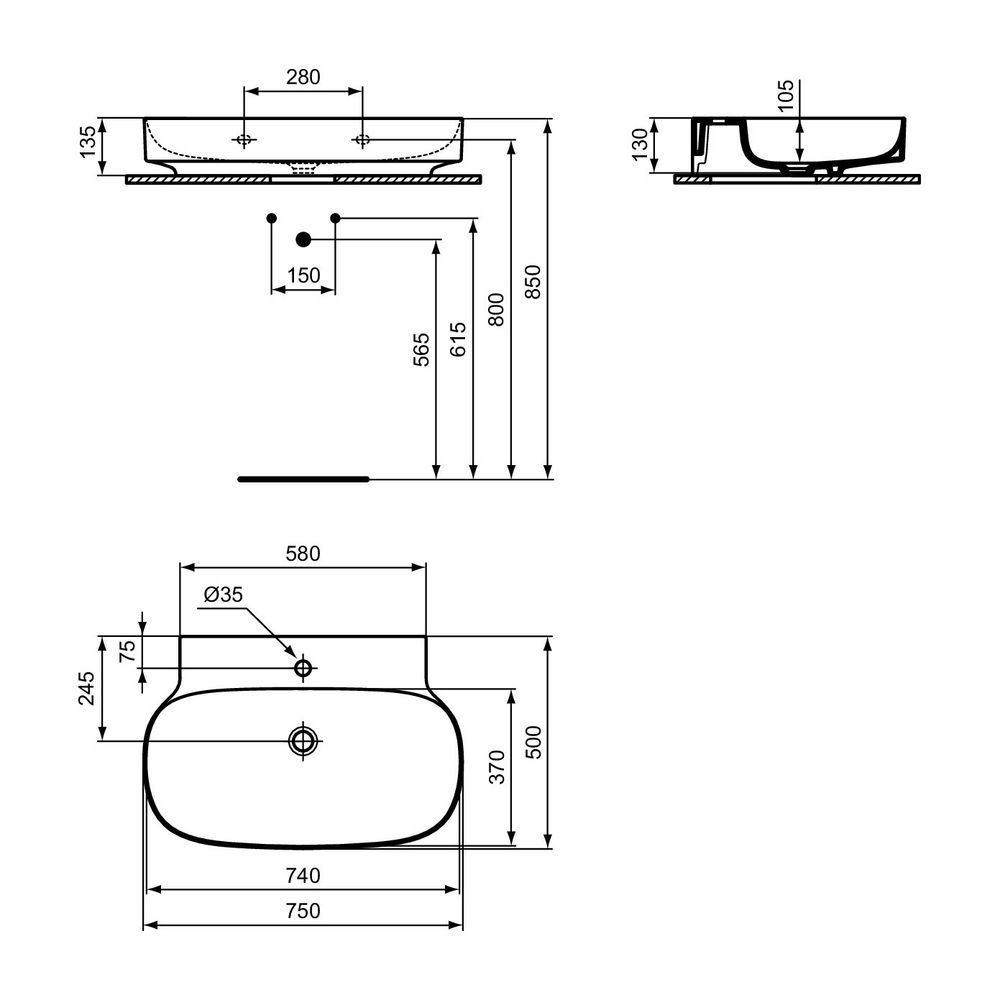 Ideal Standard Waschtisch Linda-X 1 Hahnloch, ohne Überlauf 750x500x135mm geschliffen Seid... IST-T4991V1 8014140492306 (Abb. 8)