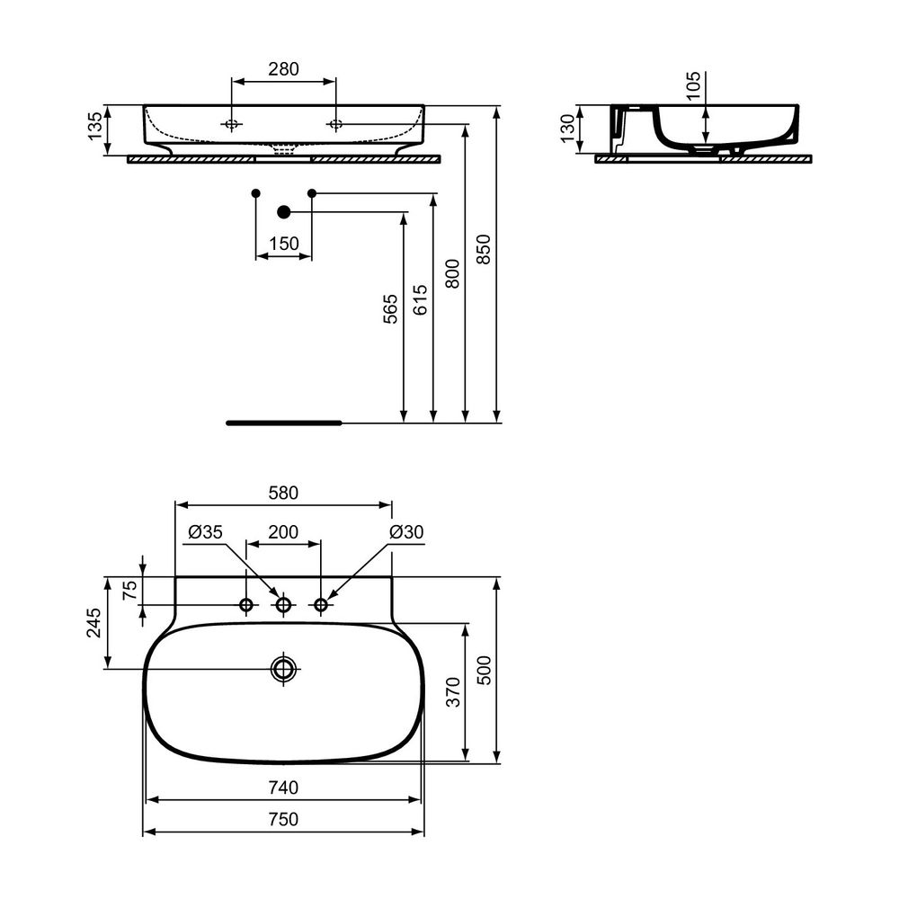 Ideal Standard Waschtisch Linda-X 3 Hahnlöcher ohne Überlauf 750x500x135mm Weiß... IST-T439701 8014140484912 (Abb. 8)