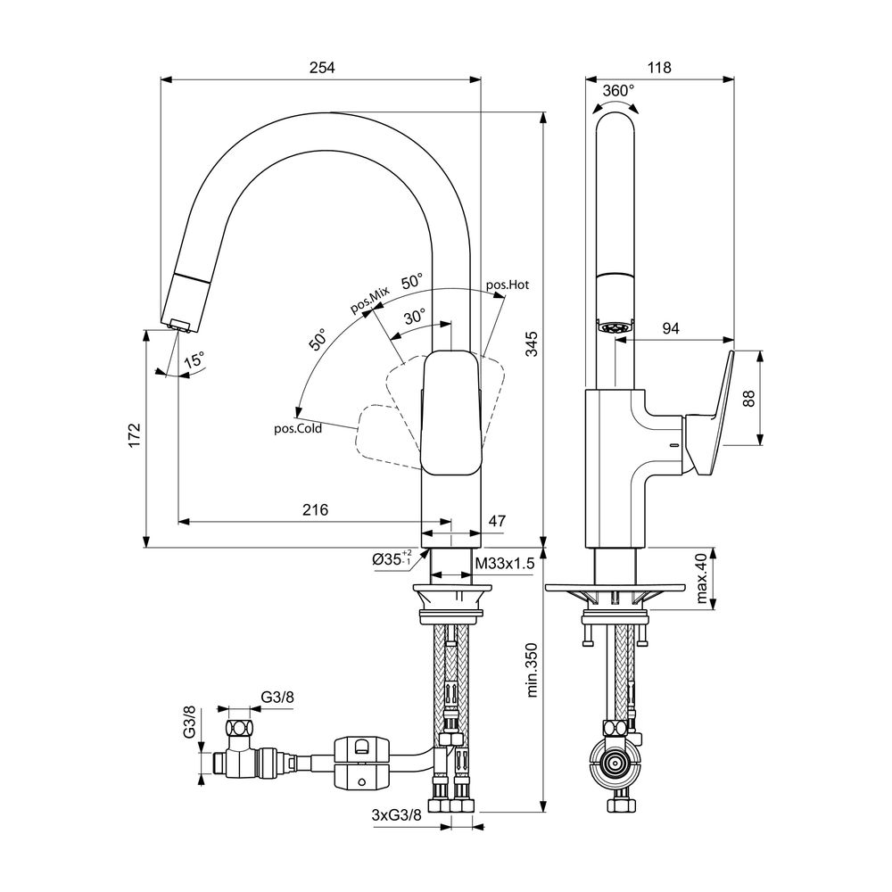 Ideal Standard Küchenarmatur Ceraplan Ausld.216mm mit h.Rohrauslauf für Handbrause Niederd... IST-BD337AA 3800861104988 (Abb. 5)