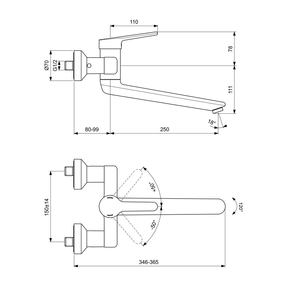 Ideal Standard Wand-Waschtisch-Armatur Ceraplus 5l/min. Ausld.330-349mm absp.S-Anschlüsse ... IST-BC113AA 3800861059691 (Abb. 4)