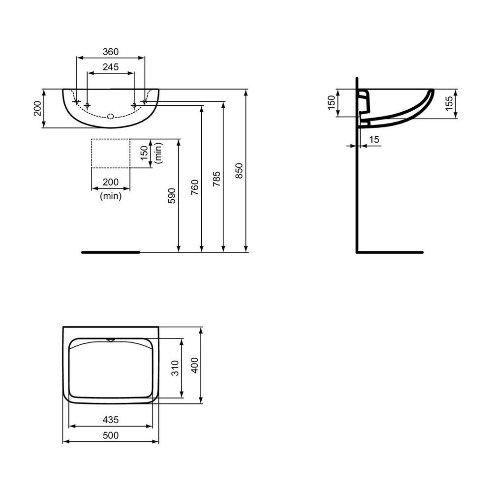 Ideal Standard Waschtisch Contour21, ohne Hahnloch, ohne Überlauf 500mm, Weiß... IST-E232701 5017830551010 (Abb. 5)
