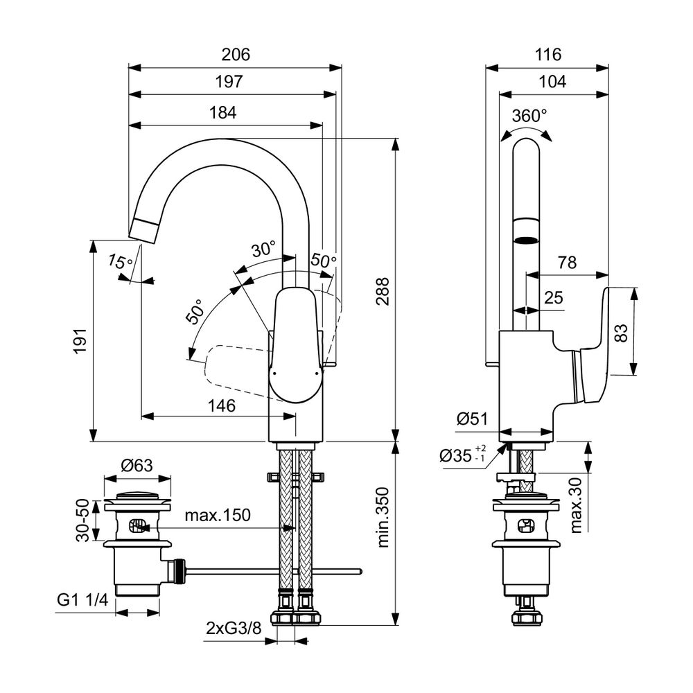 Ideal Standard Waschtisch-Armatur Ceraflex, mit hohem Ausl., mit Ablaufgarnitur Ausld. 146... IST-B1716AA 3800861055914 (Abb. 7)