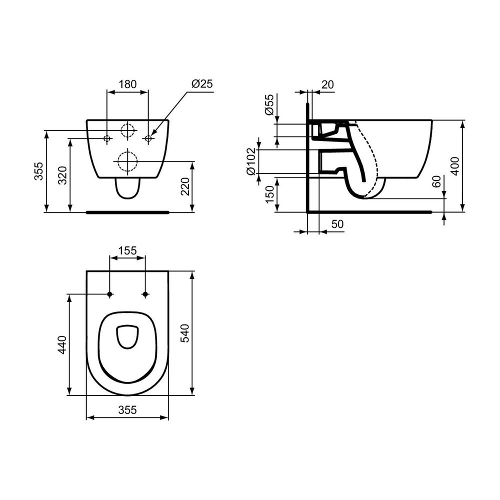 Ideal Standard Wandtiefspül-WC Blend Curve AquaBlade 360x545x340mm Weiß mit IdealPlus... IST-T3749MA 8014140468684 (Abb. 16)