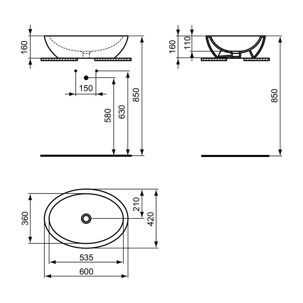Ideal Standard Schale Strada ohne ohne Hahnloch ohne Überlauf oval, 600x420x160mm, Weiß mi... IST-K0784MA 4015413040426 (Abb. 7)