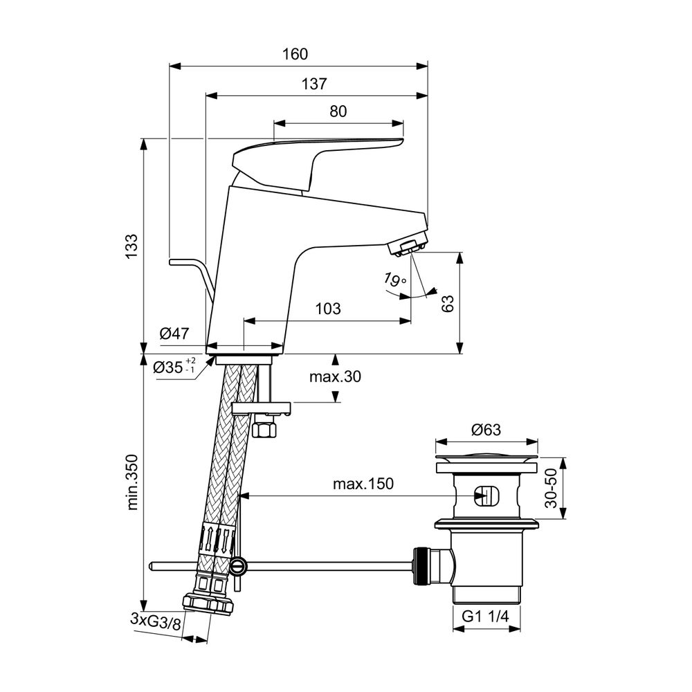 Ideal Standard Waschtischarmatur Ceraflex, ND, 5 l/min., mit Ablaufgarnitur Ausld.101mm, C... IST-B1838AA 3800861060437 (Abb. 7)