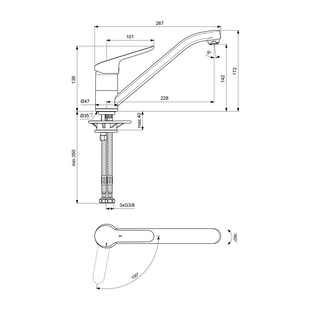 Ideal Standard Küchenarmatur Ceraflex, ND, mit Rohrauslauf Ausld.228 mm, Chrom... IST-BC130AA 3800861062080 (Abb. 4)
