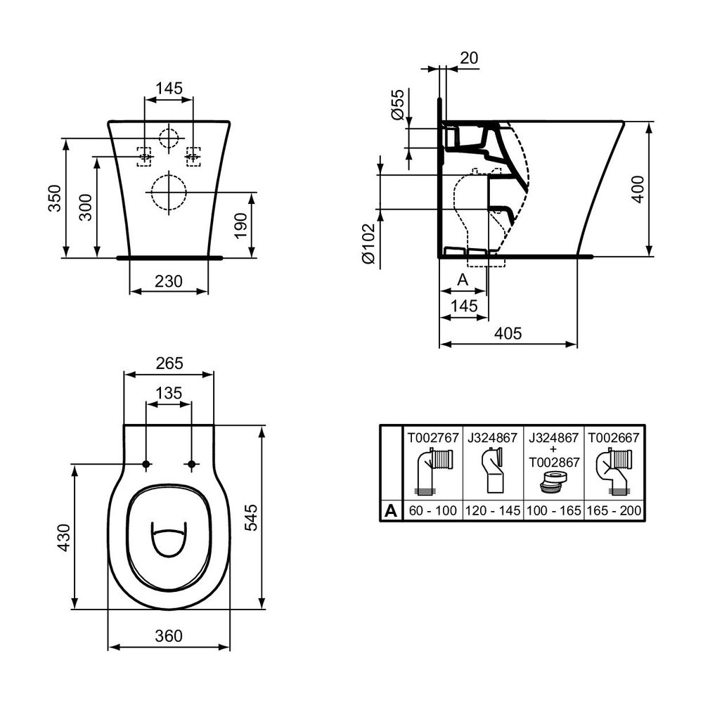Ideal Standard Stand-T-WC Connect Air, AquaBlade, Abgang waagerecht 360x545x400mm, Weiß... IST-E004201 5017830514084 (Abb. 13)