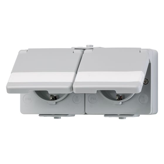 Jung Schutzkontakt-Zweifach-Steckdose WG 600, 16A 250V, IP44, Kunststoff, Grau