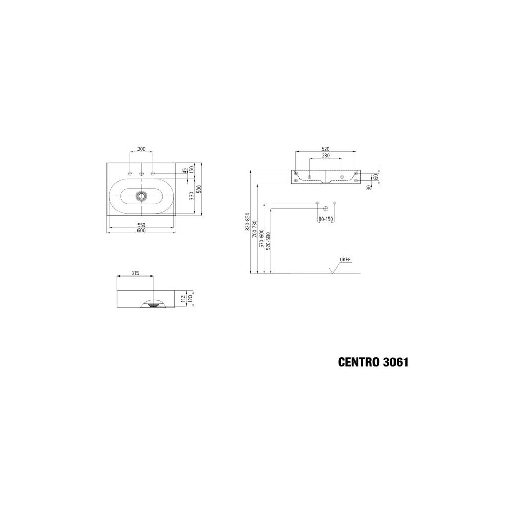 Kaldewei Wandwaschtisch Centro rechteckig 120x500x600mm, Cool Grey 70, 1 HL, ohn... KALDEWEI-903406013665 4063728475891 (Abb. 2)