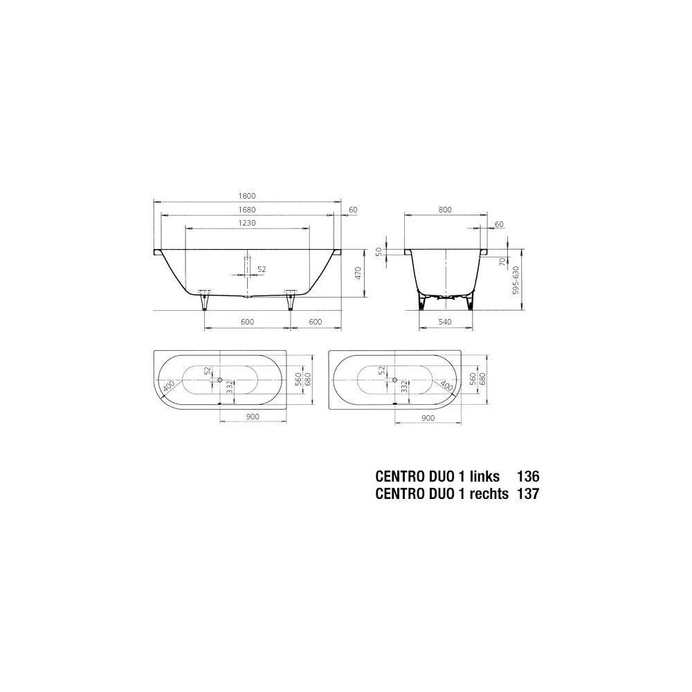 Kaldewei Badewanne Centro Duo 1 Kombi.-Form 485x800x1800mm Links 195l Alpinweiß ... KALDEWEI-283600010001 4001112809327 (Abb. 4)