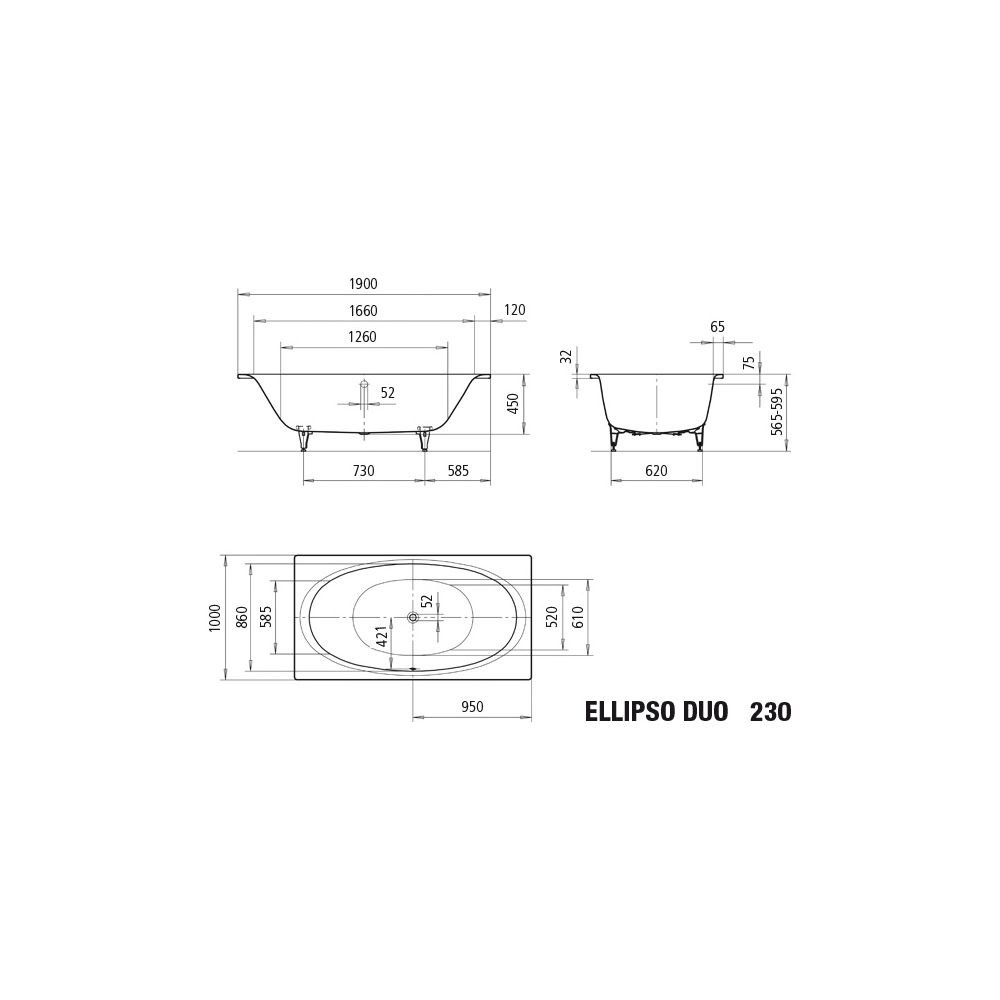 Kaldewei Badewanne Ellipso Duo rechteckig 465x1000x1900mm 214l Alpinweiß m. ÜL, ... KALDEWEI-286000010001 4001112809426 (Abb. 4)