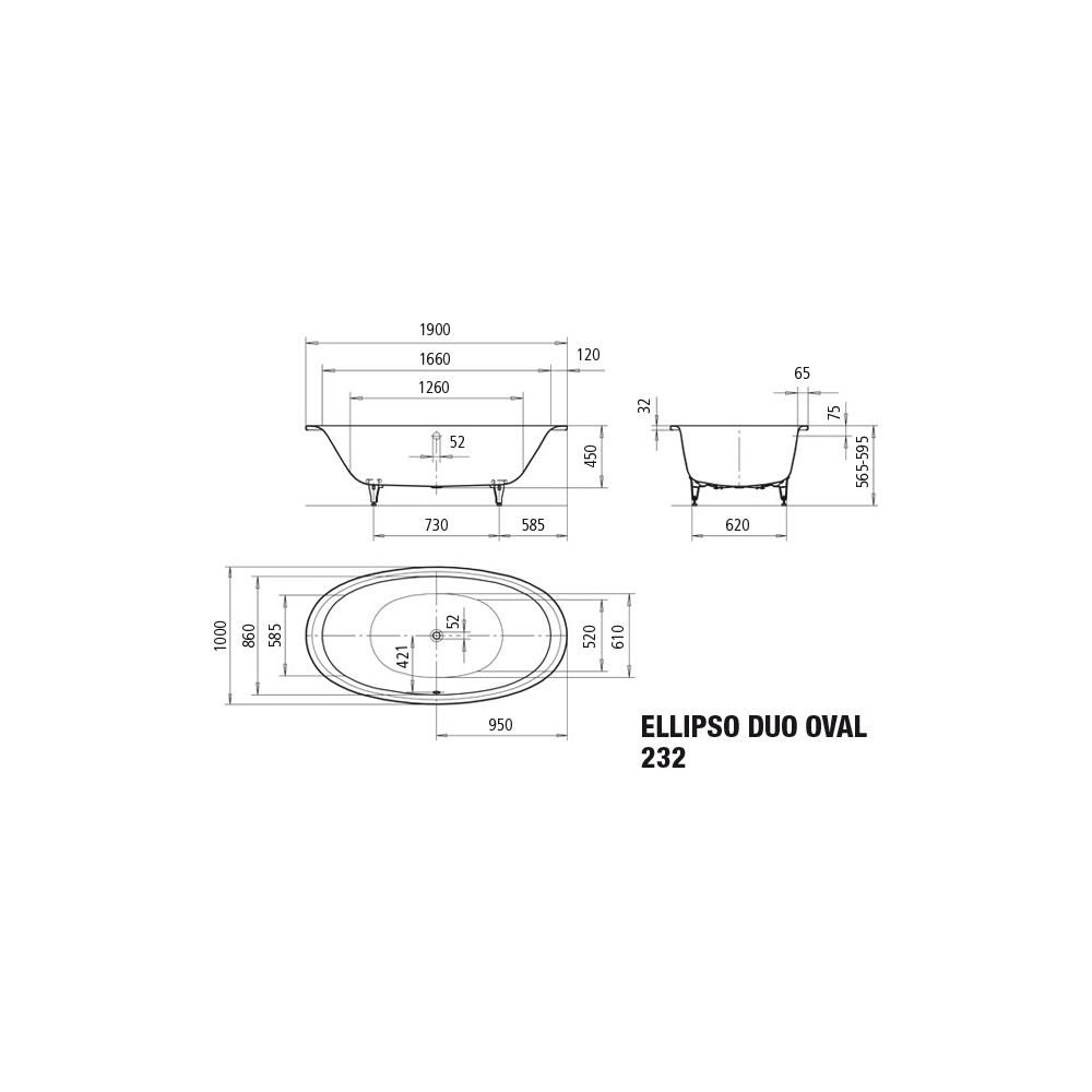 Kaldewei Badewanne Ellipso Duo oval 465x1000x1900mm 214l Alpinweiß m. ÜL, o. Ant... KALDEWEI-286200010001 4001112805596 (Abb. 4)