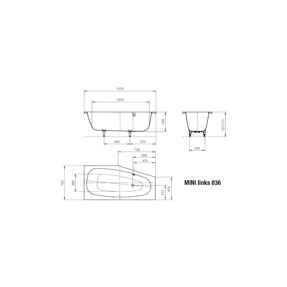 Kaldewei Badewanne Mini Kombi.-Form 430x700x1570mm Links 110l Alpinweiß m. ÜL, o... KALDEWEI-225200010001 4001112341872 (Abb. 4)