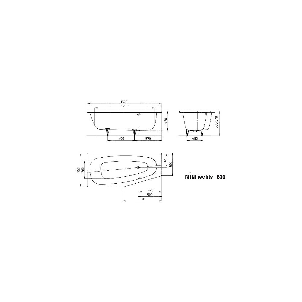 Kaldewei Badewanne Mini Kombi.-Form 430x750x1570mm Rechts 110l Alpinweiß m. ÜL, ... KALDEWEI-224600010001 4001112289945 (Abb. 4)
