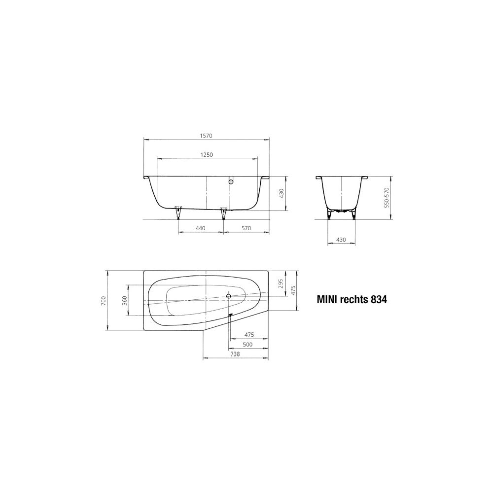 Kaldewei Badewanne Mini Kombi.-Form 430x700x1570mm Rechts 110l Alpinweiß m. ÜL, ... KALDEWEI-224400010001 4001112341841 (Abb. 4)