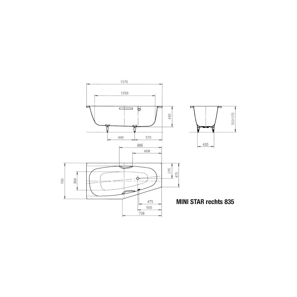 Kaldewei Badewanne Mini Star Kombi.-Form 430x700x1570mm Rechts 110l Alpinweiß m.... KALDEWEI-224500010001 4001112341858 (Abb. 4)