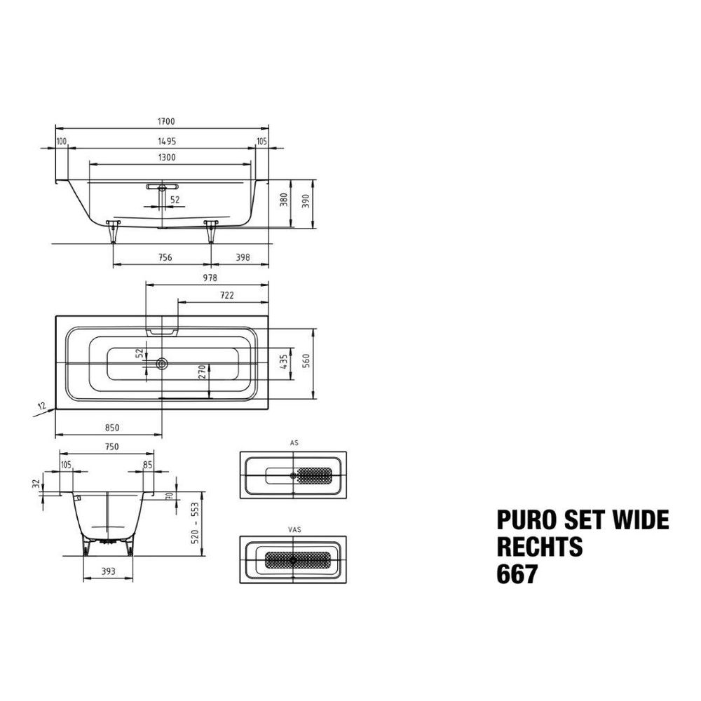 Kaldewei Badewanne Puro Set Wide rechteckig 390x750x1700mm Rechts 93l Alpinweiß ... KALDEWEI-261030003001 4055761126861 (Abb. 3)