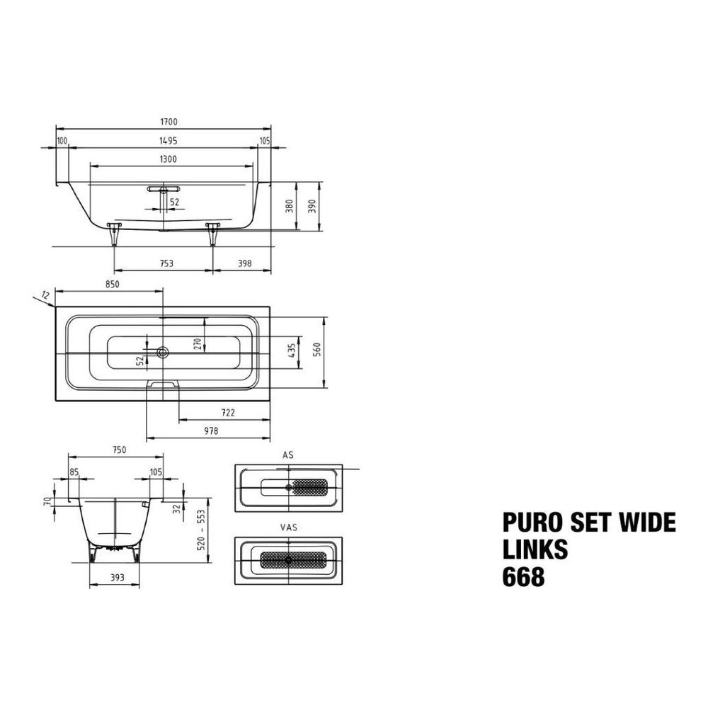 Kaldewei Badewanne Puro Set Wide rechteckig 390x750x1700mm Links 93l Bahamabeige... KALDEWEI-261134013030 4063727083783 (Abb. 3)