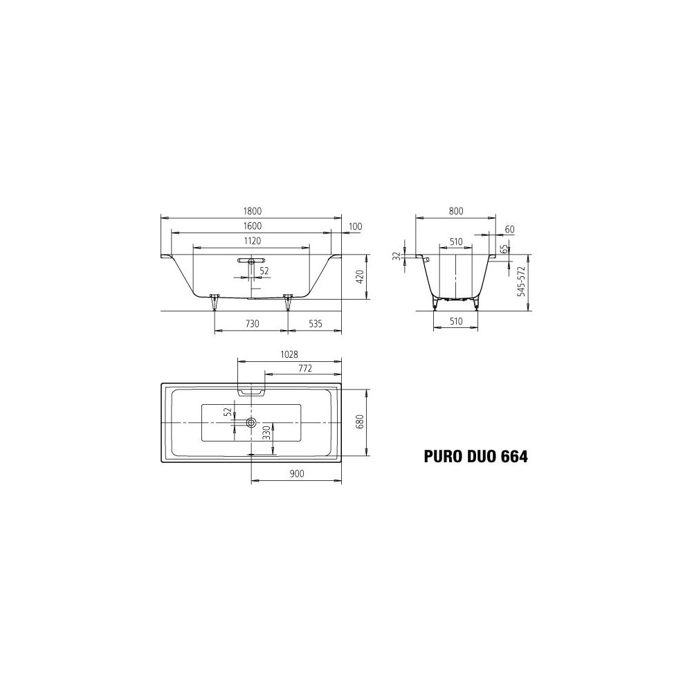 Kaldewei Badewanne Puro Duo rechteckig 420x800x1800mm 165l Alpinweiß m. Vollanti... KALDEWEI-266434010001 4001112904862 (Abb. 3)