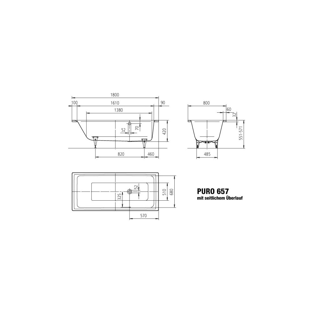 Kaldewei Badewanne Puro rechteckig 420x800x1800mm 170l Bahamabeige m. seitl-ÜL, ... KALDEWEI-256700013030 4001112725009 (Abb. 3)