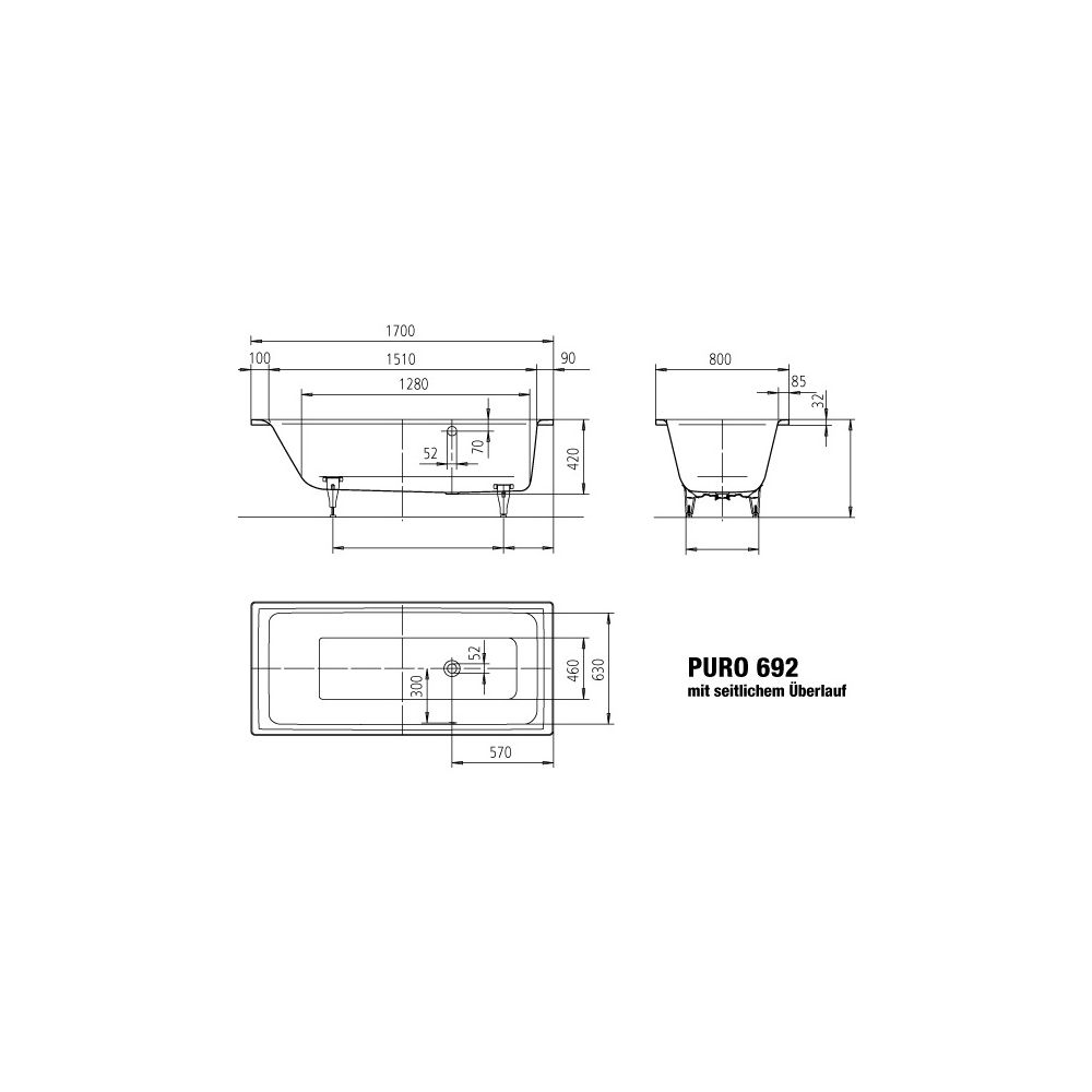 Kaldewei Badewanne Puro rechteckig 420x800x1700mm 140l Alpinweiß m. seitl-S-ÜL, ... KALDEWEI-259223000001 4001112723227 (Abb. 3)