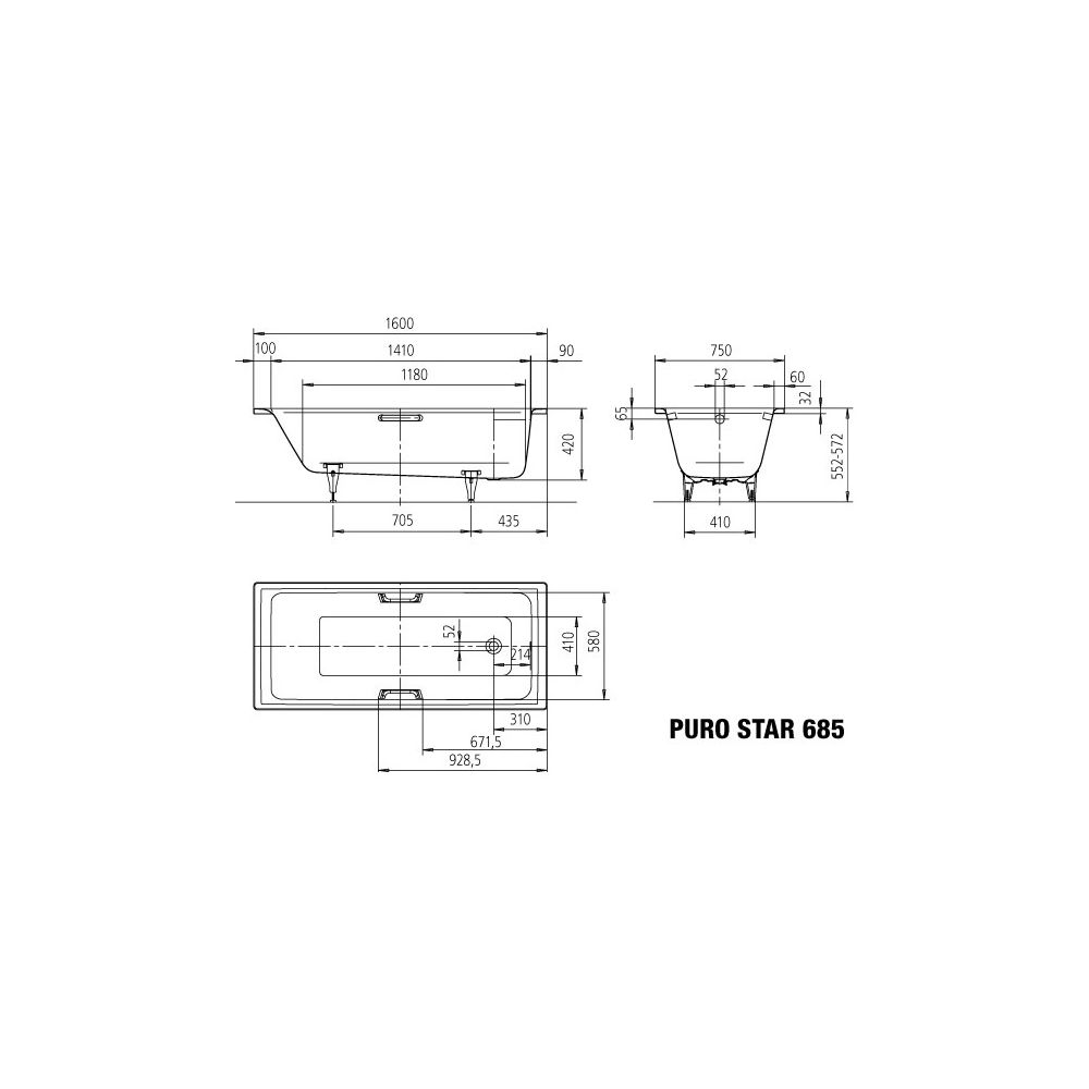Kaldewei Badewanne Puro Star rechteckig 420x700x1600mm 105l Alpinweiß m. Antisli... KALDEWEI-258530003001 4001112868447 (Abb. 3)