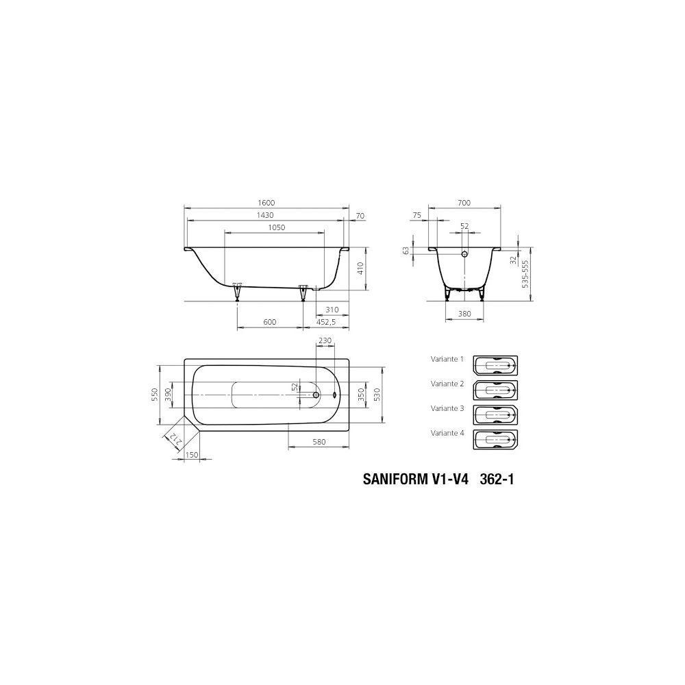 Kaldewei Badewanne Saniform V1 Kombi.-Form 410x700x1600mm 93l Alpinweiß m. ÜL, o... KALDEWEI-192100010001 4001112213292 (Abb. 4)
